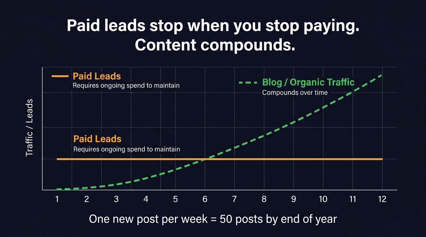 Line graph: Paid leads (flat line requiring constant spend) vs. Blog/organic traffic (starts near zero, curves upward over 12 months). Label: Paid leads stop when you stop paying. Content compounds.