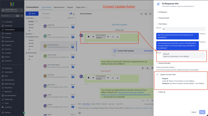 AI bot response view showing voice note interpretation, contact update action, and chat history from a voice memo conversation