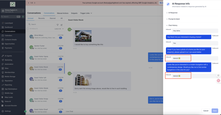 AI Conversations window showing a bot interpreting an uploaded property image and responding with relevant home-buying suggestions