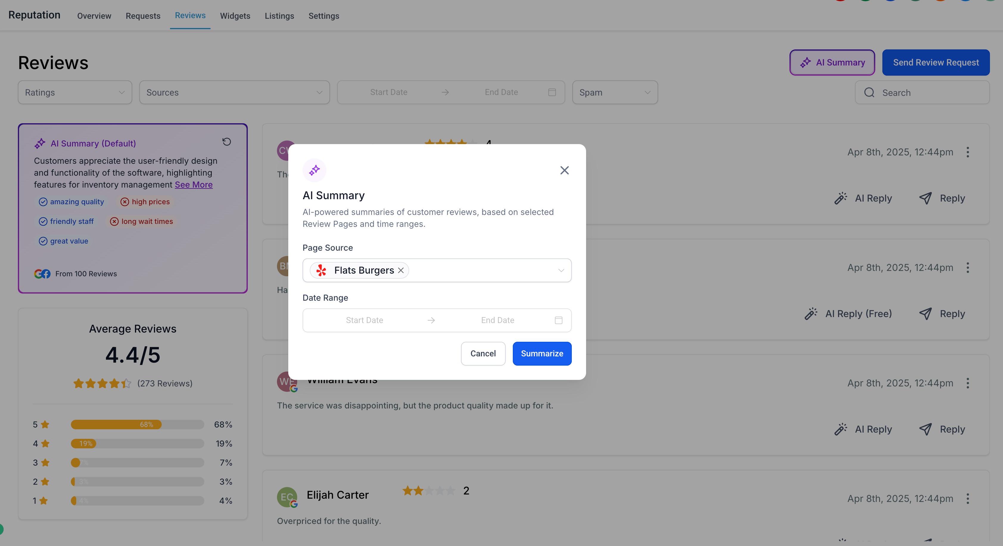 AI-generated review summary showing customer sentiment keywords, average ratings, and summary customization options for a selected business page in HighLevel.