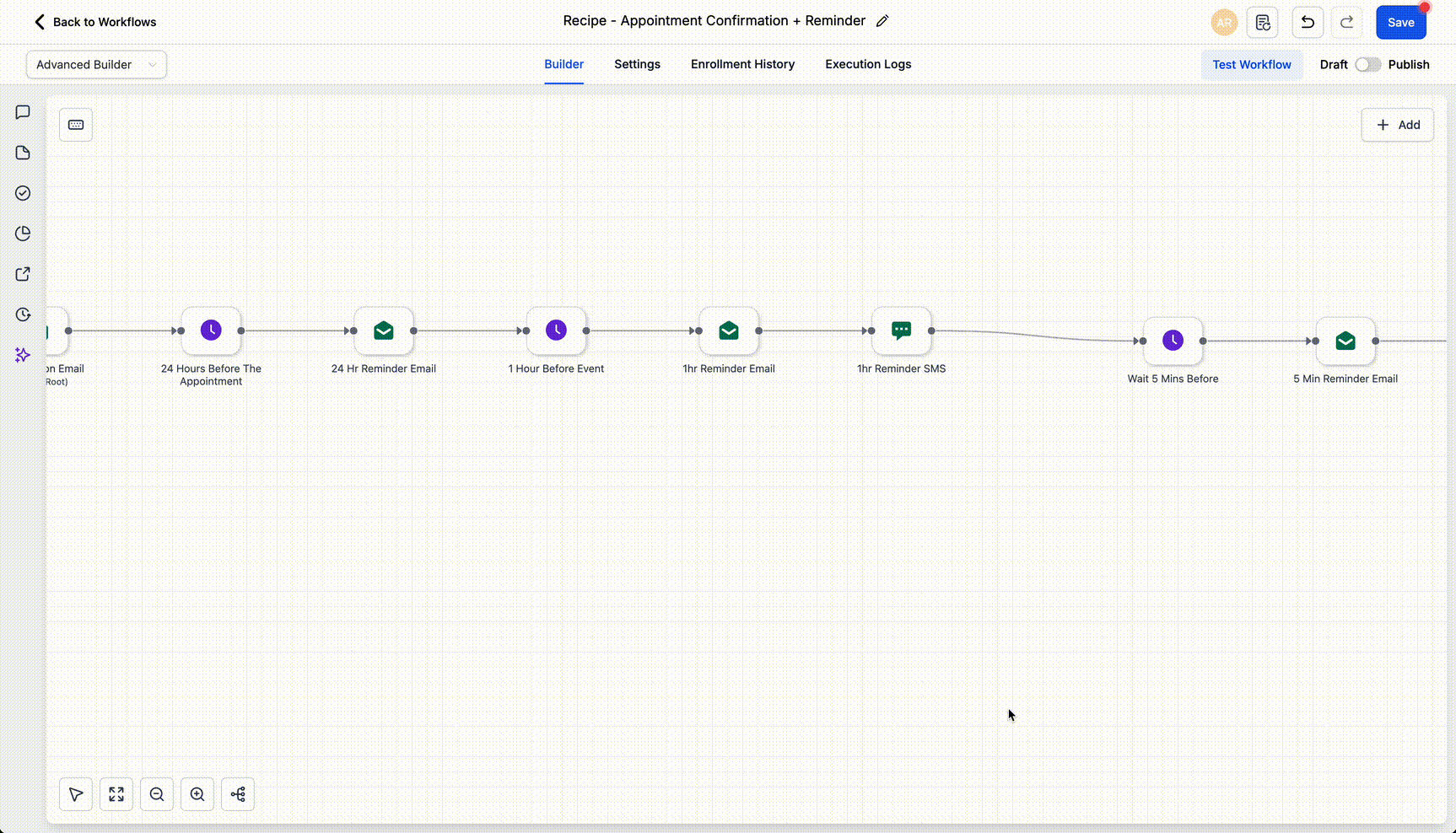 Animated demonstration of HighLevel's Advanced Workflow Builder showing drag-to-select, bulk node formatting, node disabling, and sticky note labeling inside a visual workflow editor.