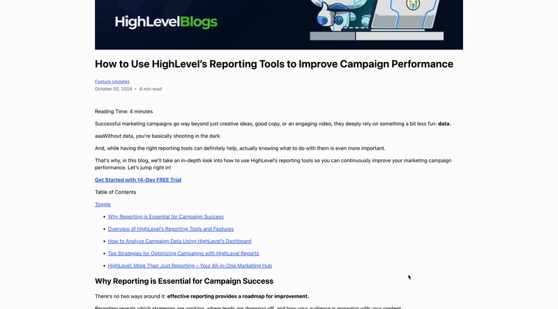 Animated GIF of blog builder page featuring social share icons and layout customization options