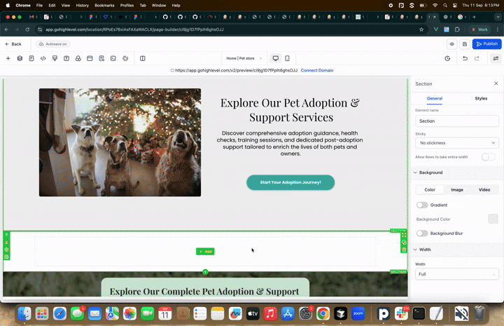 Animated GIF showing a user interacting with the HighLevel Page Builder, dragging and configuring a QR code element inside a landing page. Shows real-time design interaction and preview on-screen.
