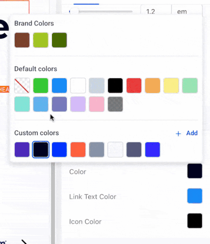 Animated view of HighLevel's updated color picker showing brand, default, and custom color sections with the ability to add and rename saved colors for consistent branding.