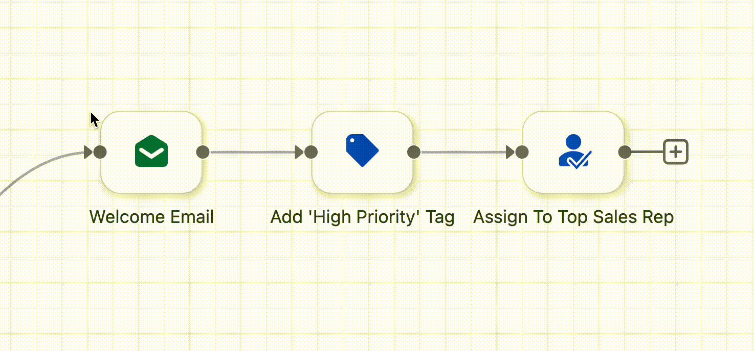 Animation illustrating how to insert a "Pause" step between workflow actions within the builder.