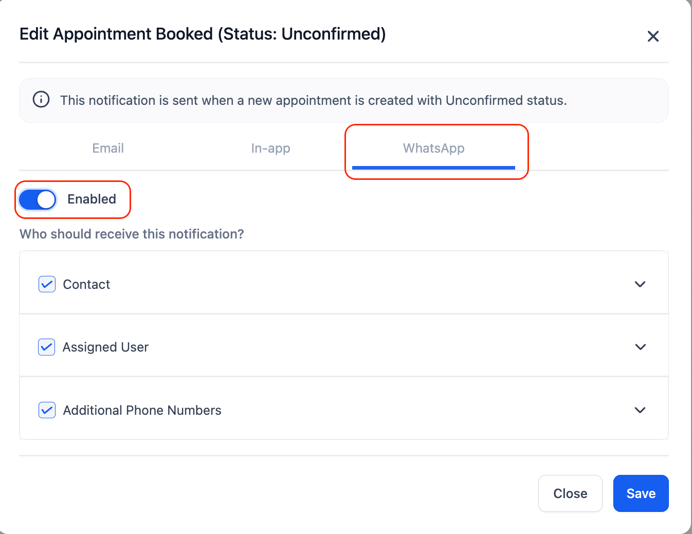 Appointment notification settings showing WhatsApp enabled as a new channel for appointment alerts alongside email and in-app.