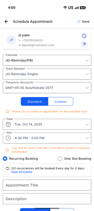 Appointment scheduling screen on mobile with support for recurring bookings and time zone-aware slots.