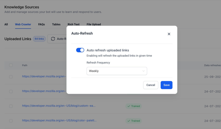 Auto-refresh settings for Knowledge Base links with weekly schedule option selected