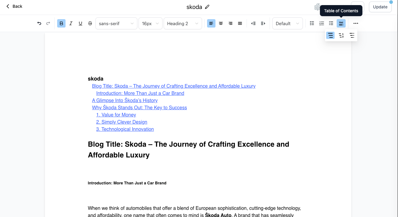 Blog editor in HighLevel with a dynamic clickable table of contents generated from section headings.