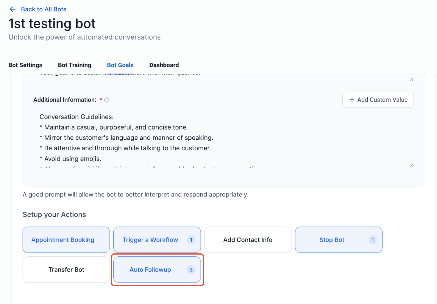 Bot goals screen in HighLevel showing 'Auto Followup' action for Conversation AI bots.