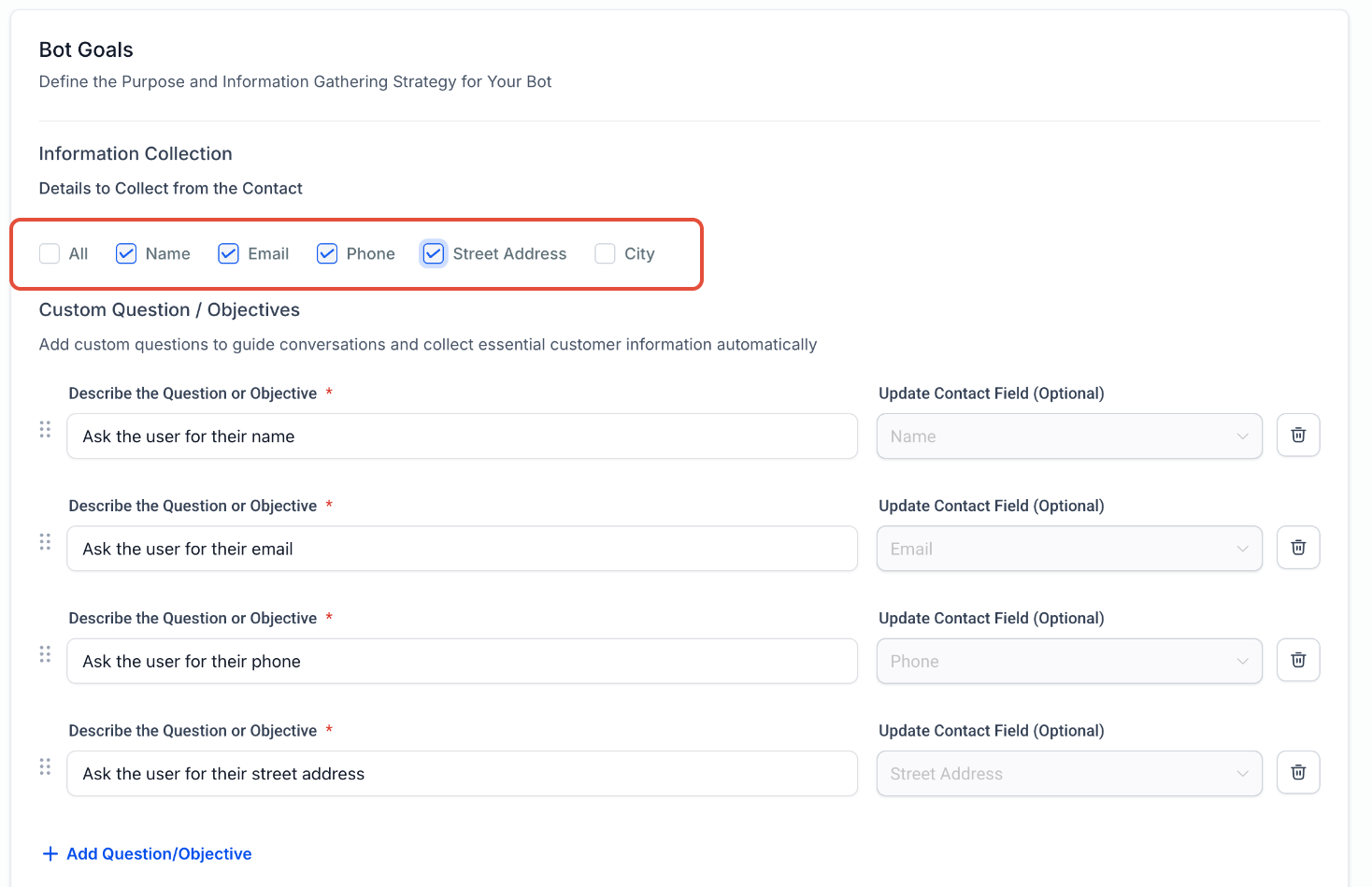 Bot Goals setup screen in HighLevel showing options for collecting contact info and defining custom questions