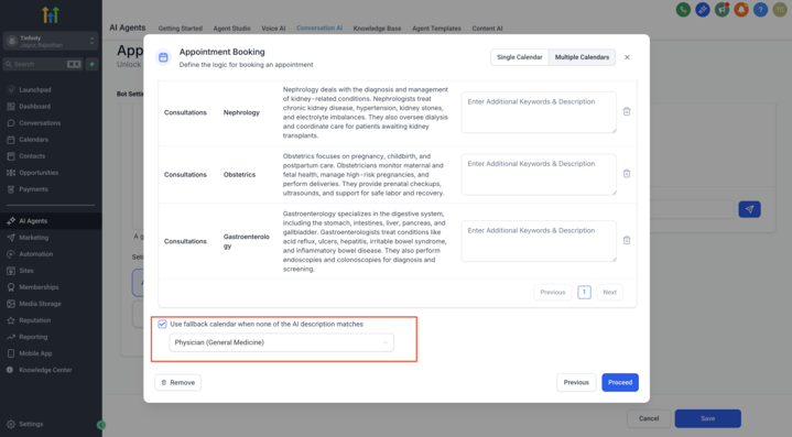 Bot setup interface allowing fallback calendar selection when AI can't match a description. supports calendar automation logic.