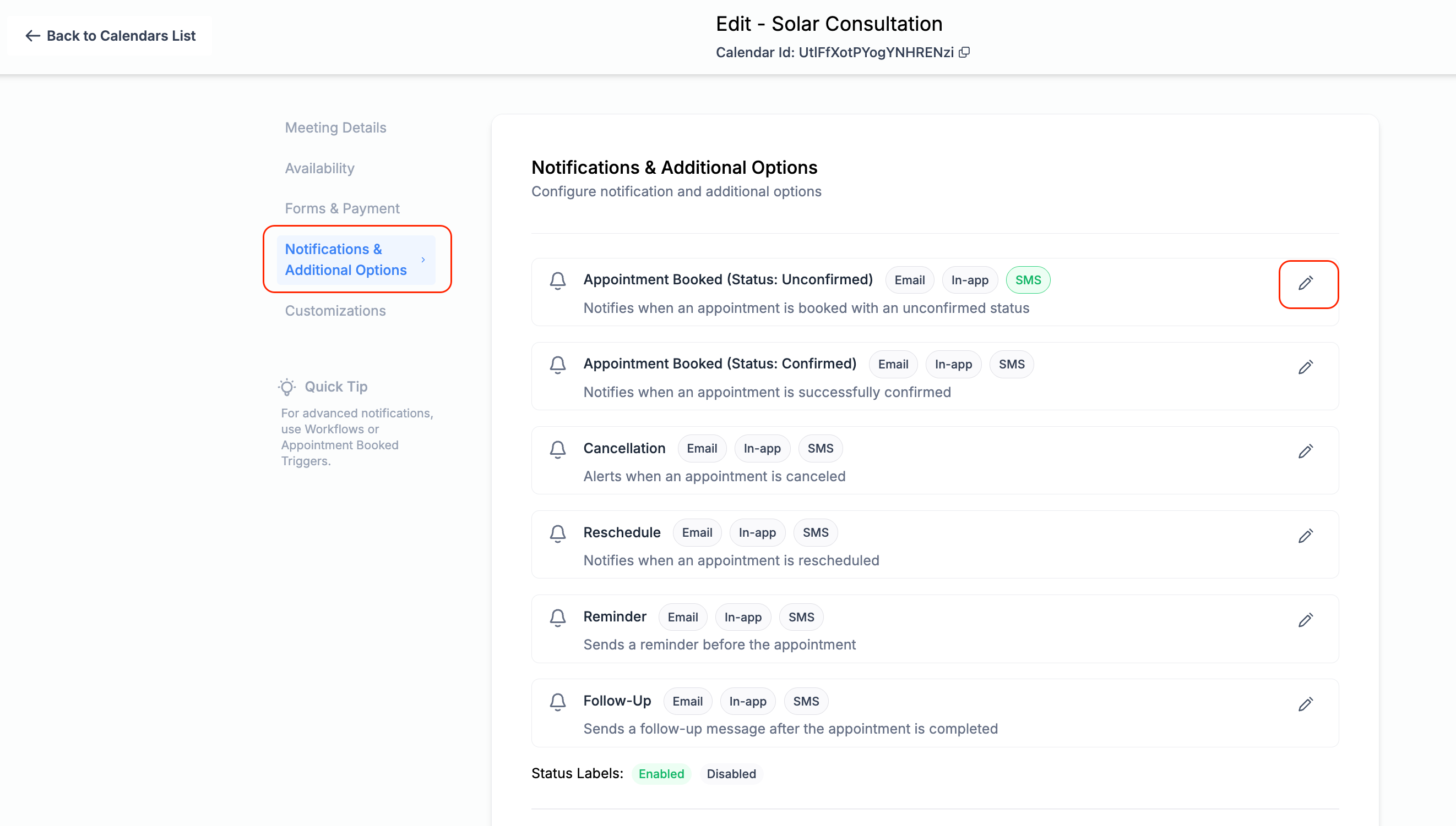 Calendar edit screen with SMS, Email, and In-App notifications enabled under Notifications & Additional Options for appointments