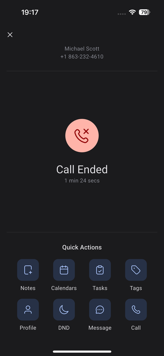 Call ended screen on HighLevel mobile app with quick action buttons for notes, calendar, DND, and follow-ups.