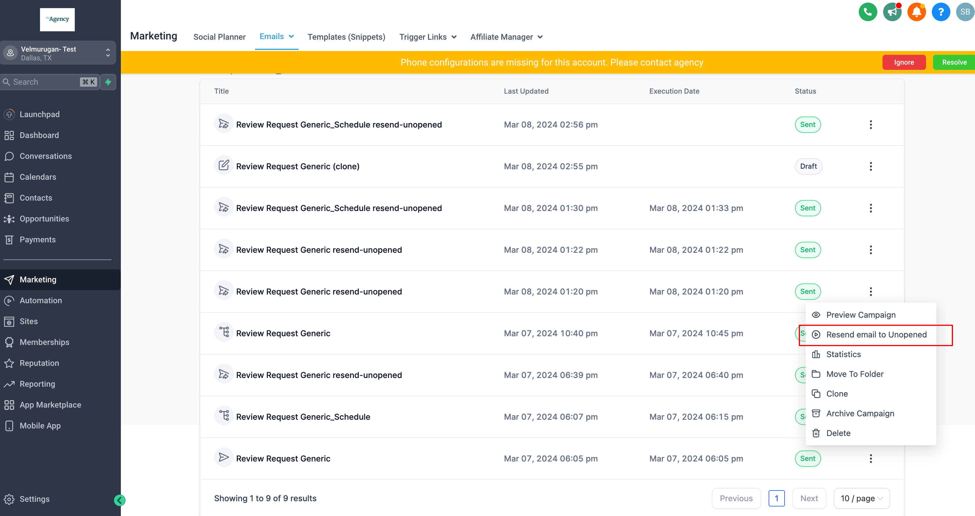 Campaign list with dropdown showing 