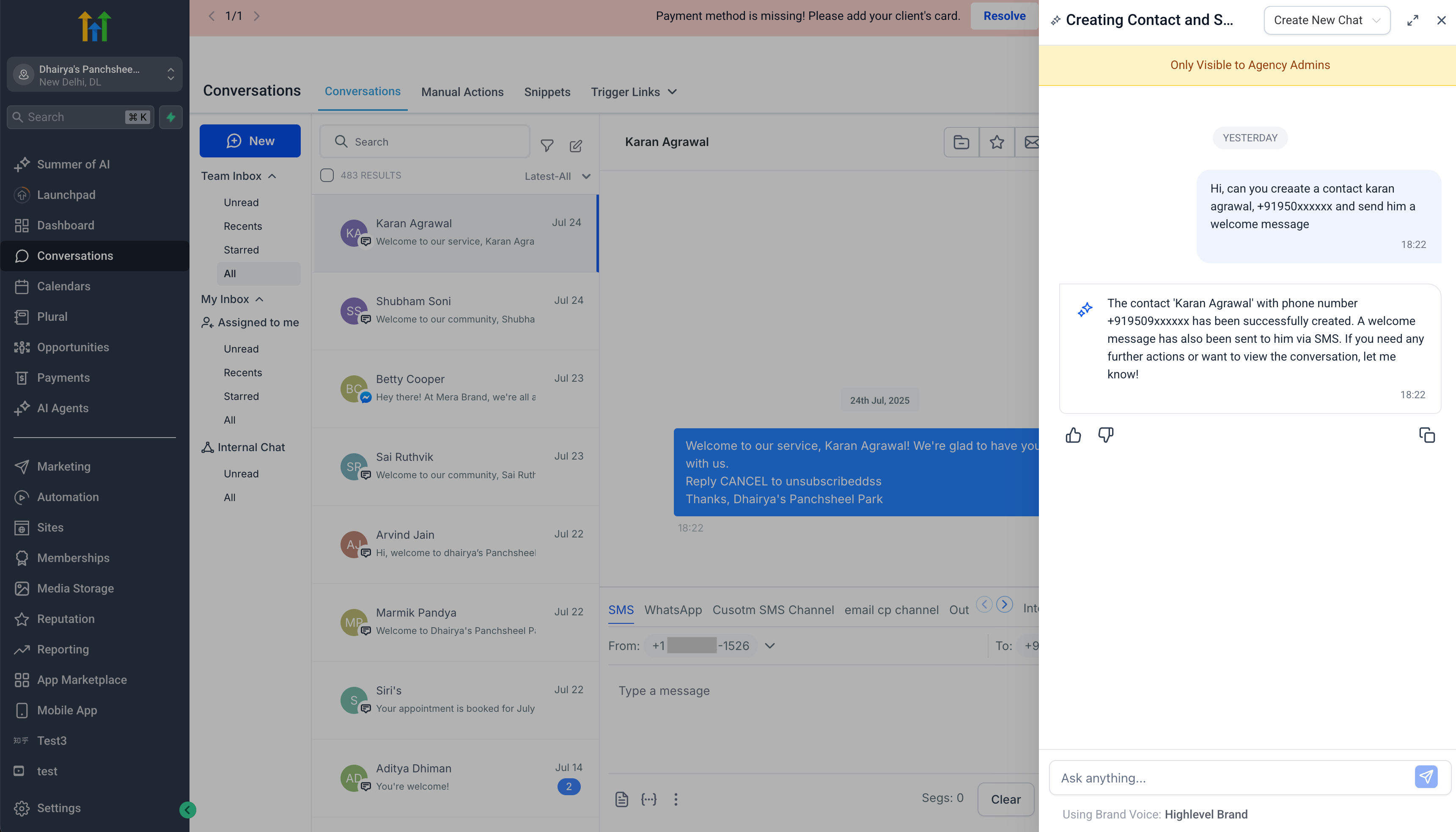 Chat prompt in HighLevel showing AskAI moving a lead into the CRM pipeline