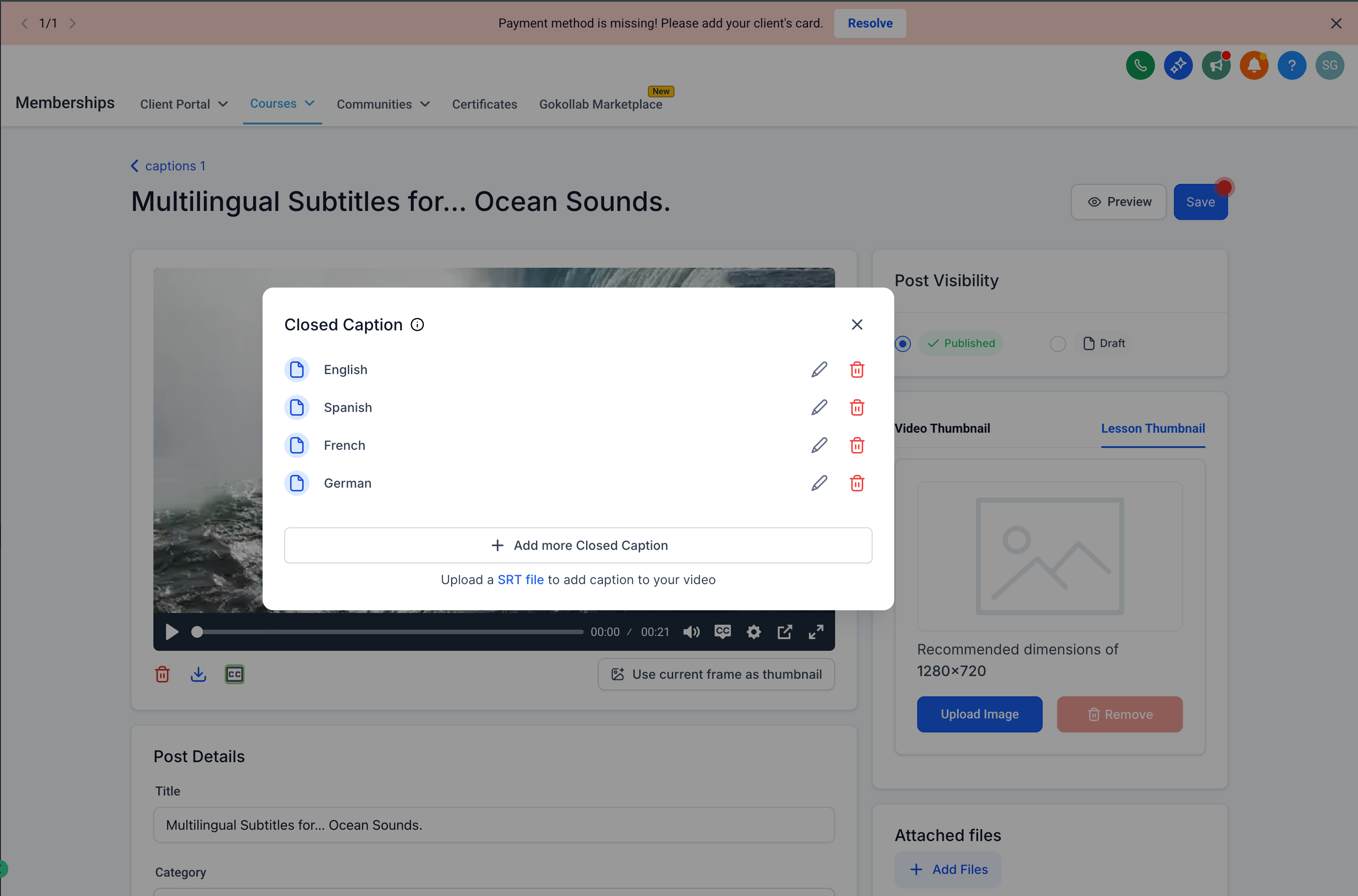 Closed caption language options panel showing English, Spanish, French, and German subtitle uploads for a course video in HighLevel.