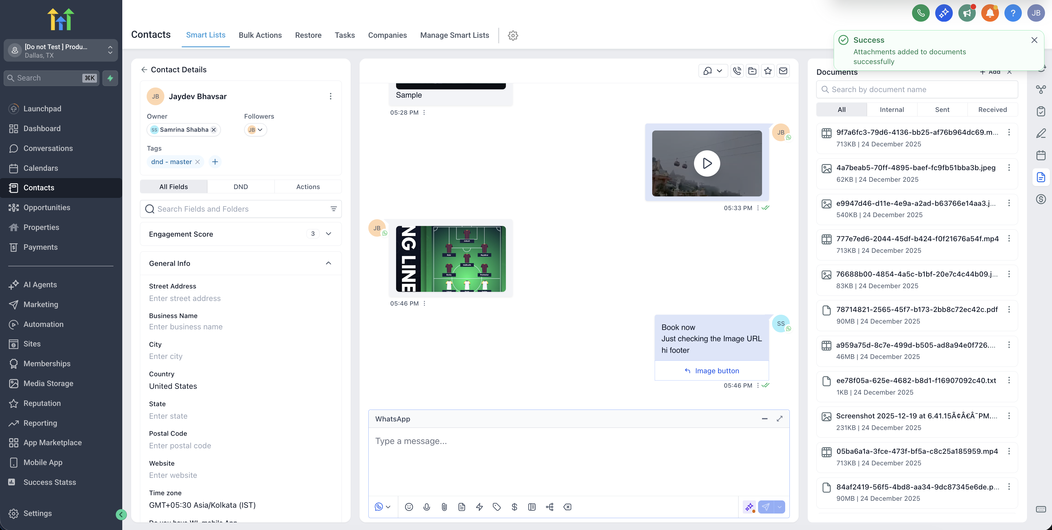 Contact record view in HighLevel with WhatsApp conversation open and multiple media files saved to the contact's documents panel.