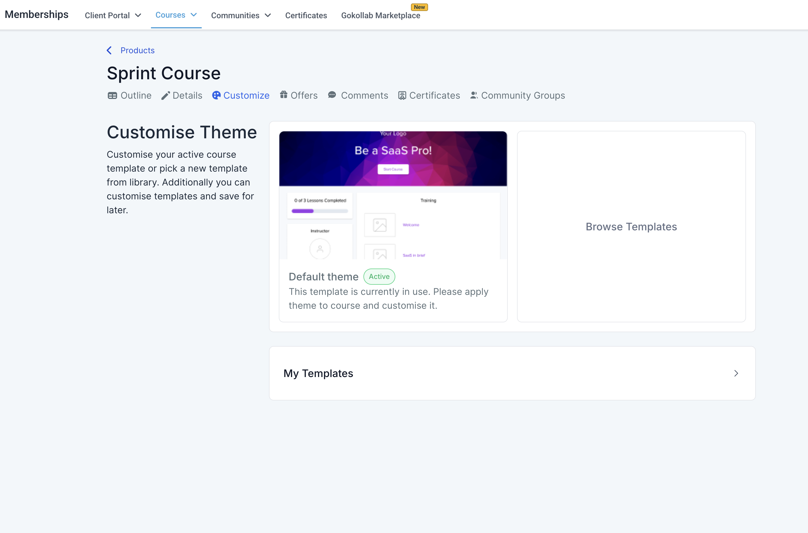 Course customization screen in HighLevel with template preview and layout options.