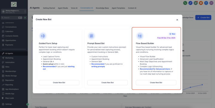 Create New Bot screen showing the new Flow-Based Builder option, highlighted as a visual logic builder for advanced lead capture.