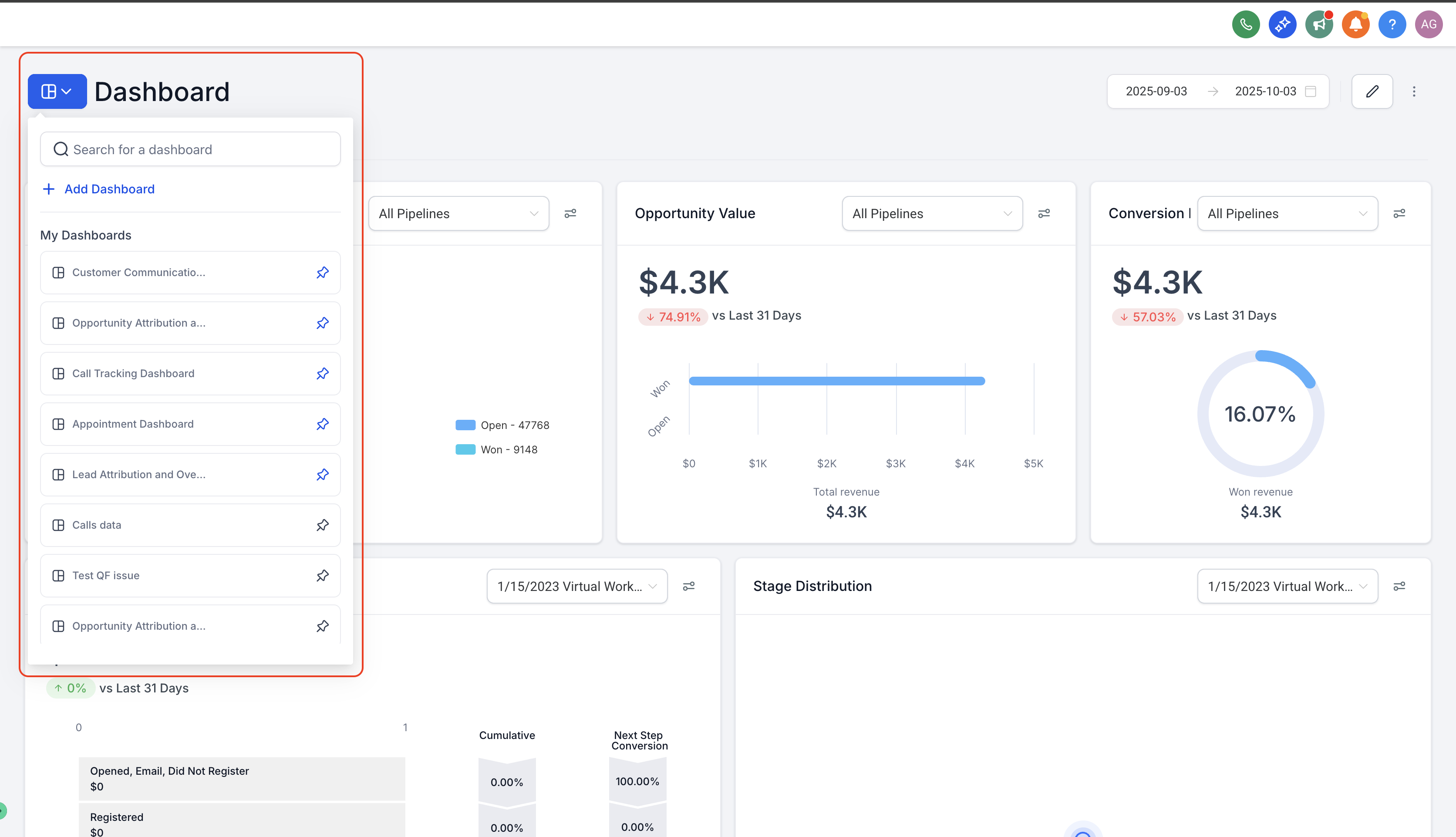 Dashboard overview page in HighLevel displaying multiple dashboards available on the left sidebar. The main view shows metrics for Opportunity Value, Conversion Rate, and visual graphs comparing open versus won deals. The highlighted sidebar emphasizes the ability to create and access unlimited dashboards.