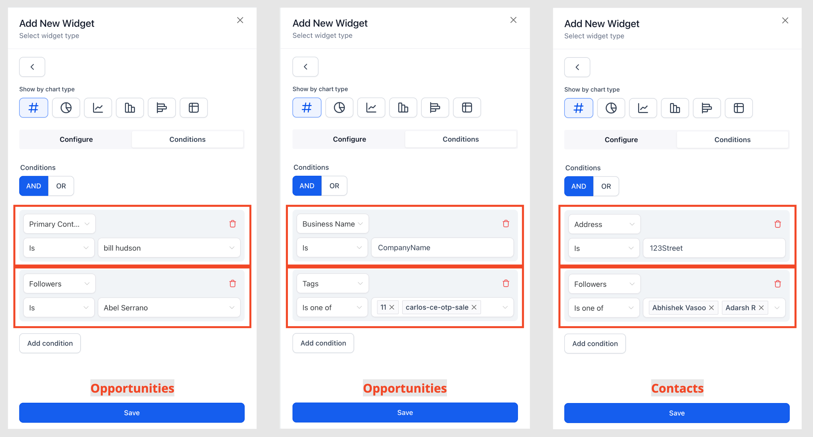 Dashboard widget builder with new filtering options for primary contact, tags, address, and followers on Opportunities and Contacts