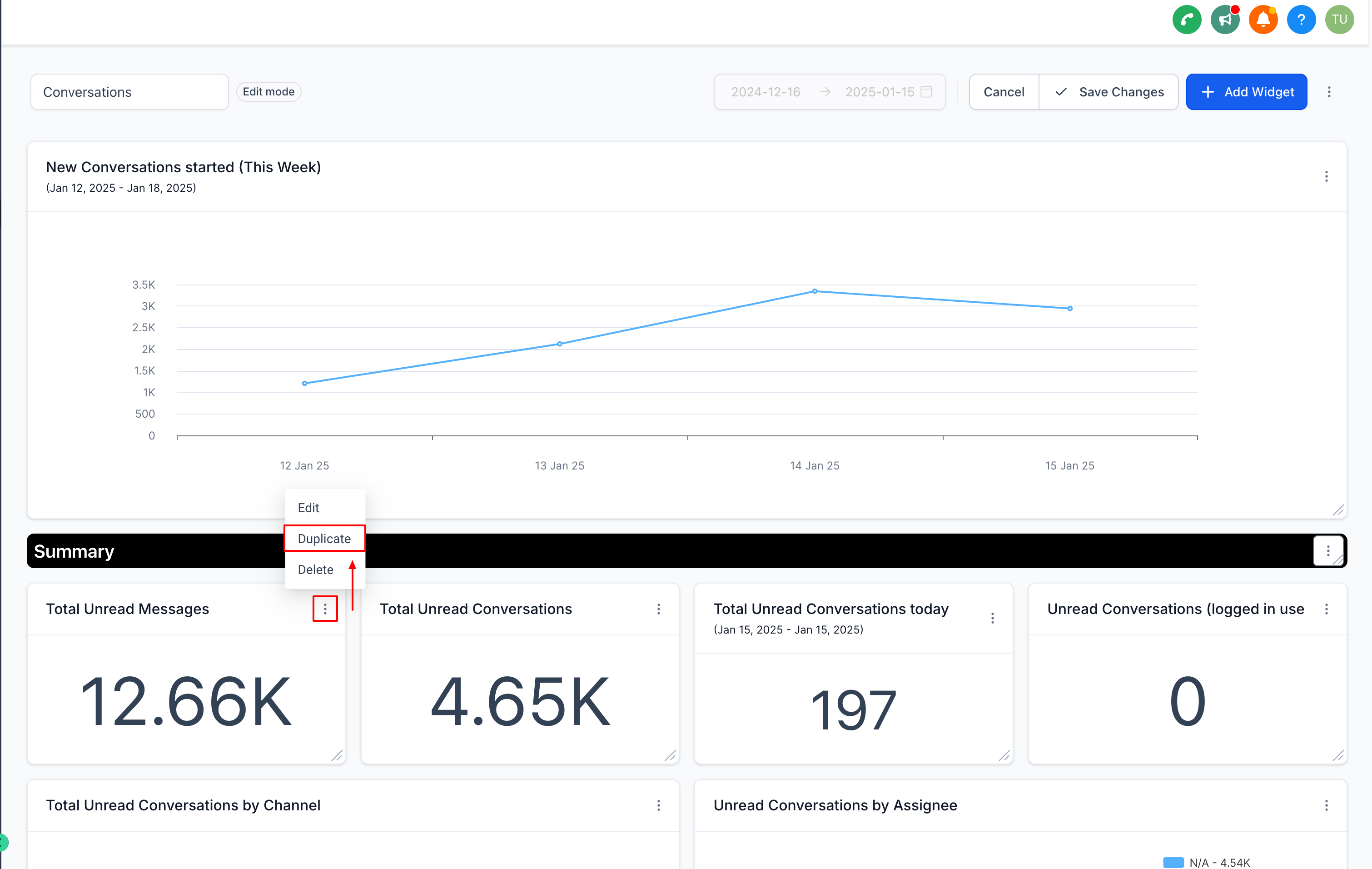 Dashboard widget settings dropdown showing duplicate option next to edit and delete on a conversation tracking widget