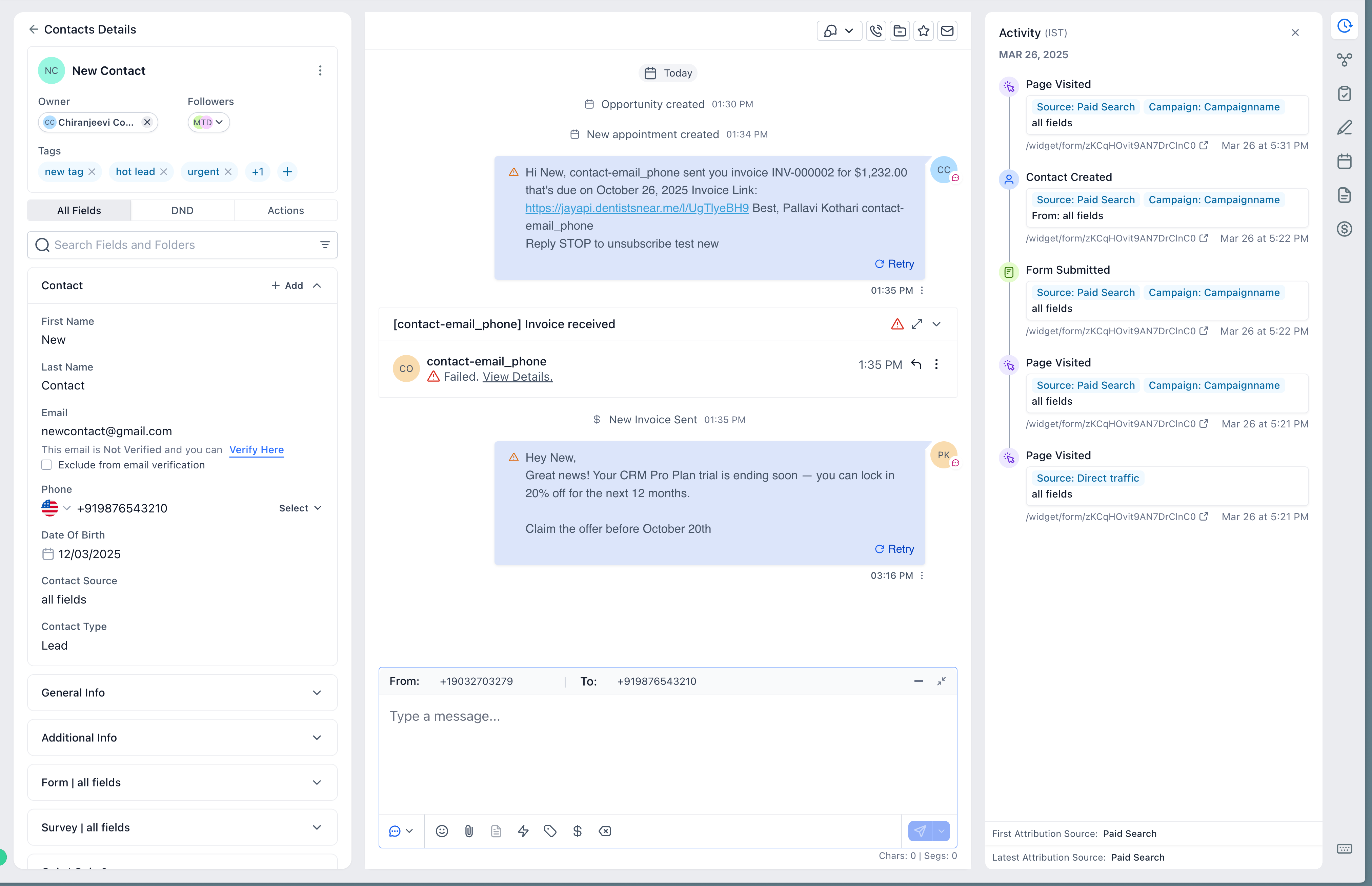 Detailed contact record view in HighLevel showing three columns: contact details on the left, message history in the center, and activity timeline on the right. The conversation includes system notifications about invoices and marketing messages, along with contact attributes like tags, owner, and source.