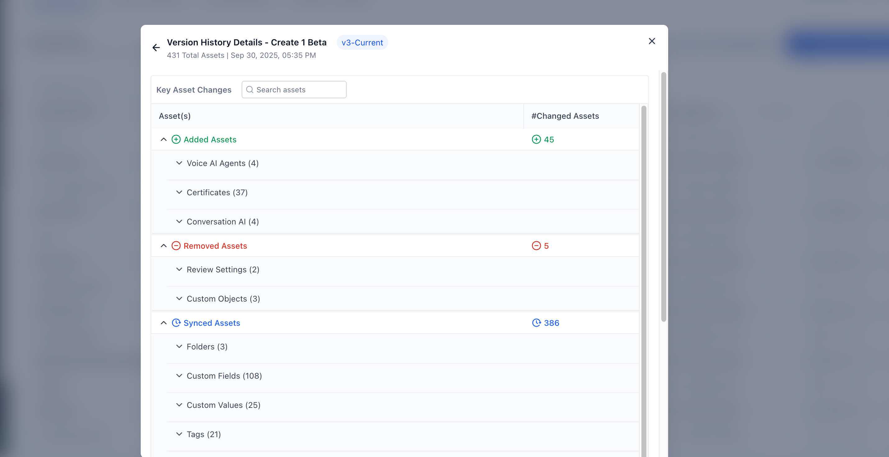 Detailed view of snapshot version history in HighLevel with added, removed, and synced assets.