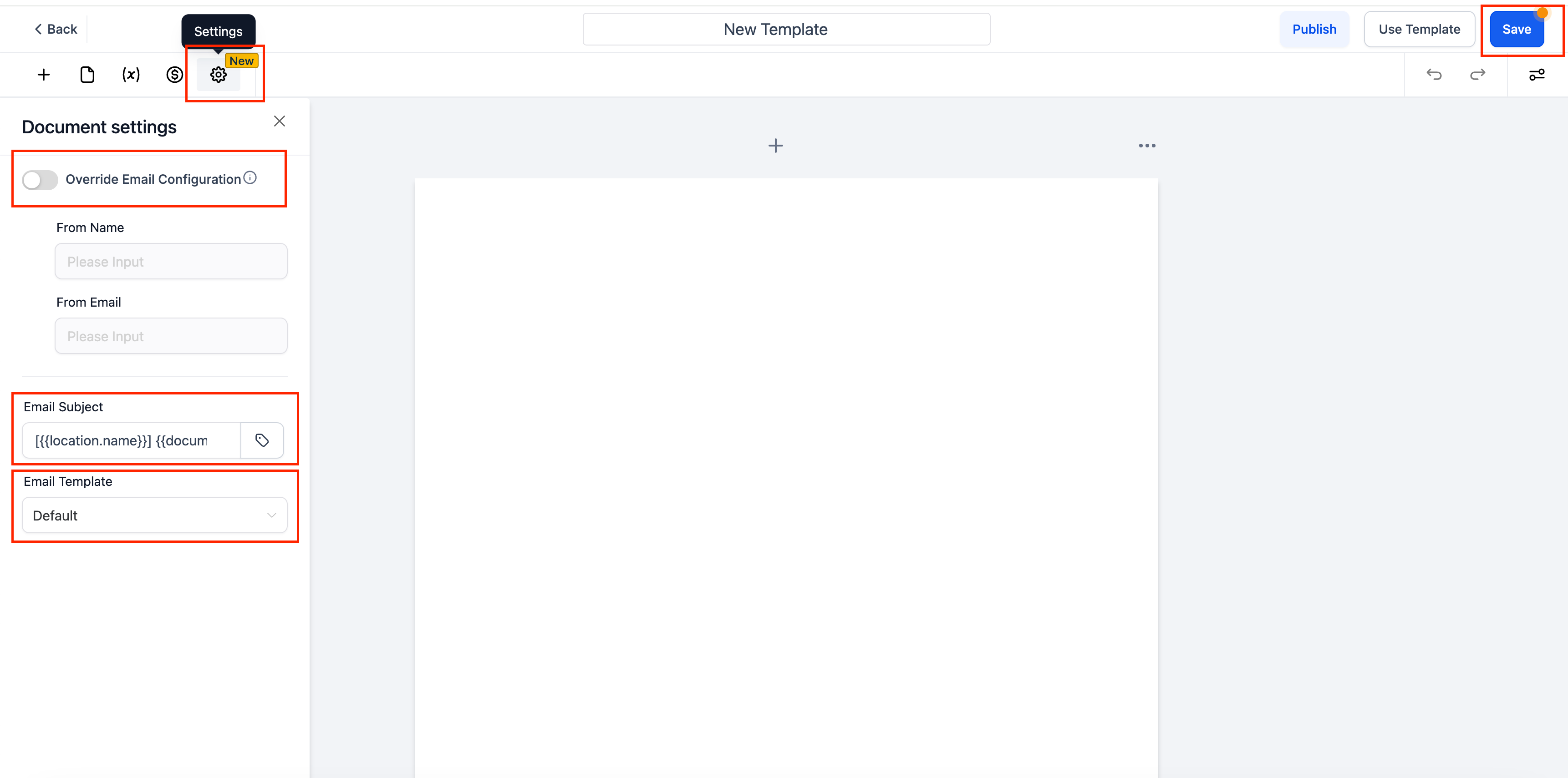 Document builder settings panel showing new email subject and email template dropdown fields to pair documents with email templates