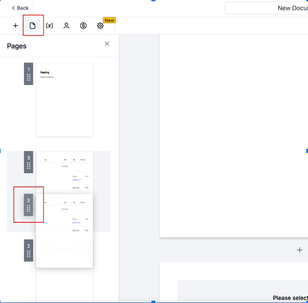 Drag-and-drop document builder interface showing rearranged proposal pages