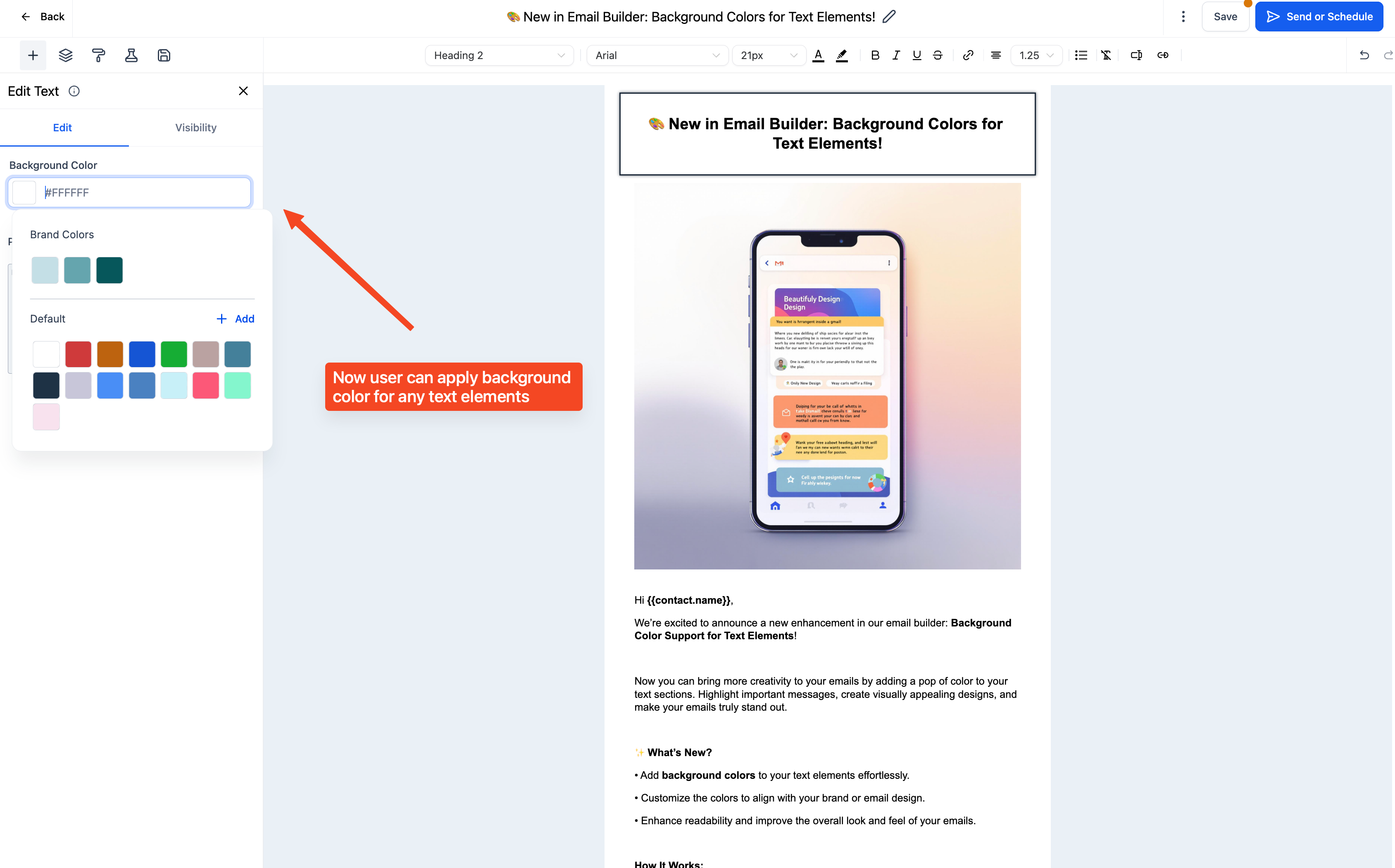 Email builder showing background color picker and preview of email with individual text elements styled in multiple background colors