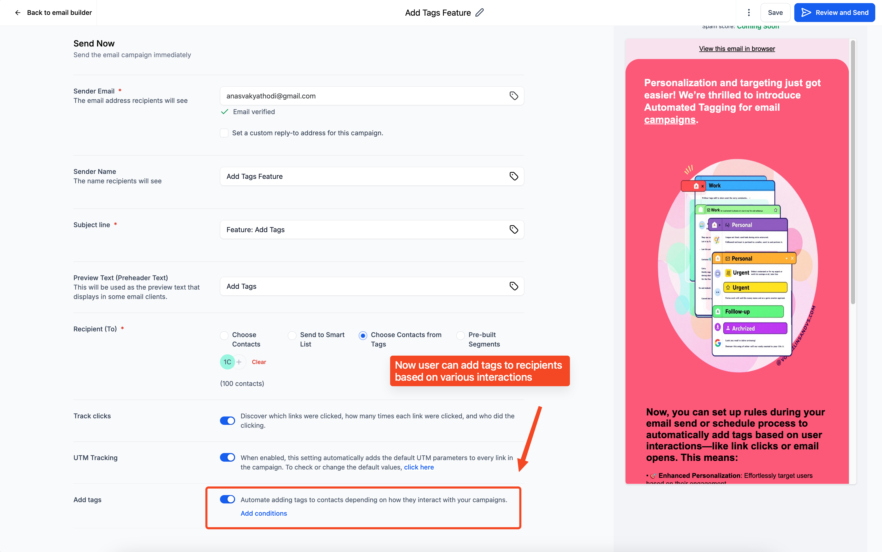 Email campaign builder interface showing new automated tagging options based on recipient actions like opens, clicks, and replies.