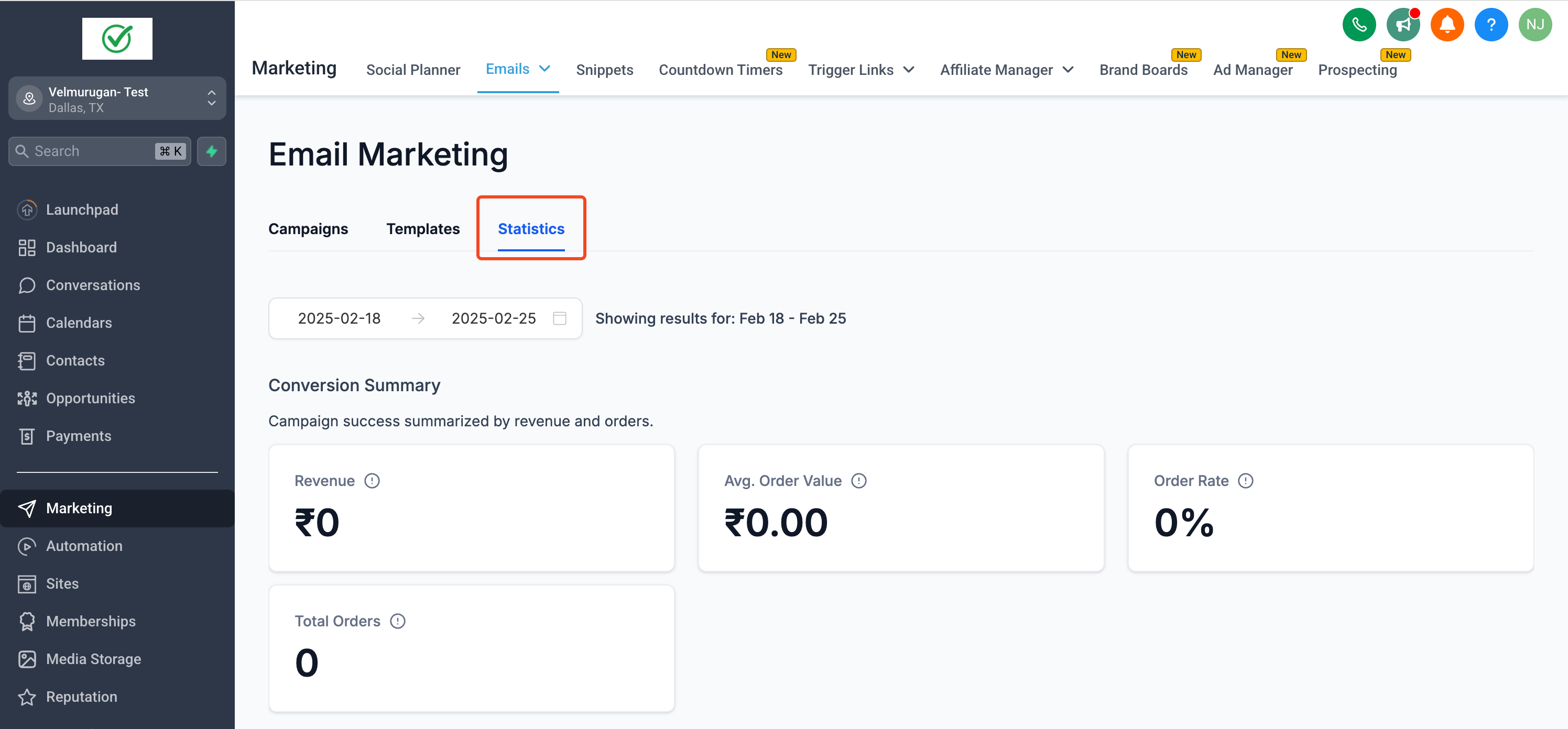 Email Marketing statistics tab with conversion metrics and date range filter visible