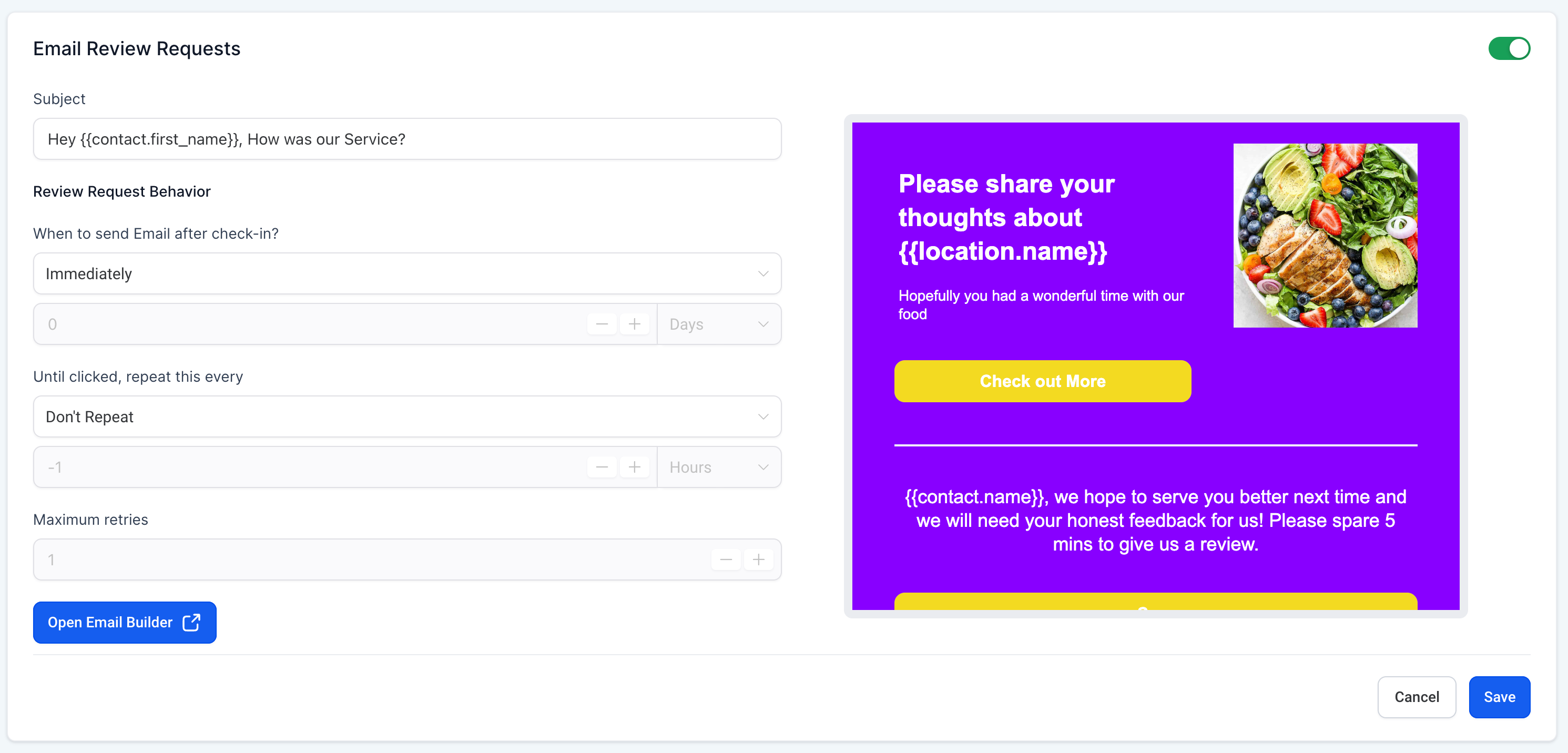 Email Review Request configuration in HighLevel Reputation tab with editable subject, timing controls, and a preview of a branded review request email built using the Email Builder.