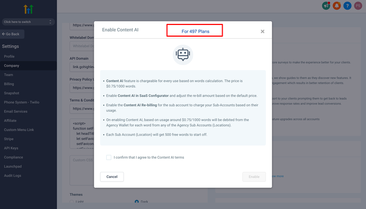 Enable Content AI dialog showing terms, usage pricing, and availability for $497 plans