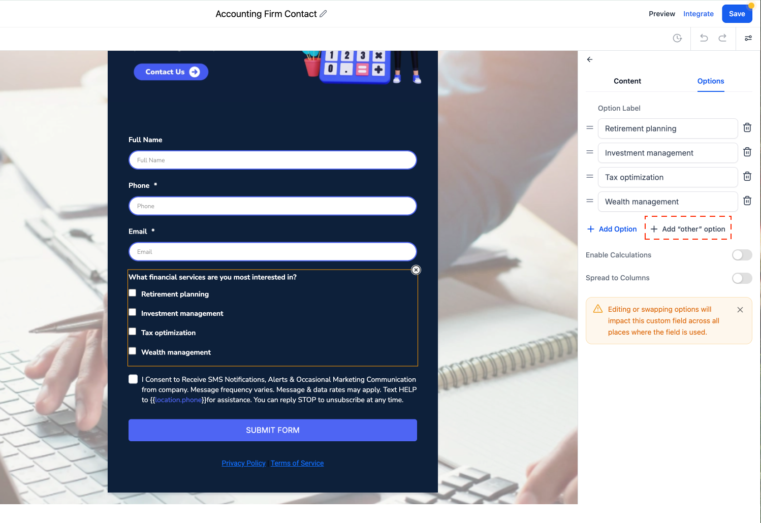 Form builder interface displaying a checkbox field with financial services options and the new built-in 