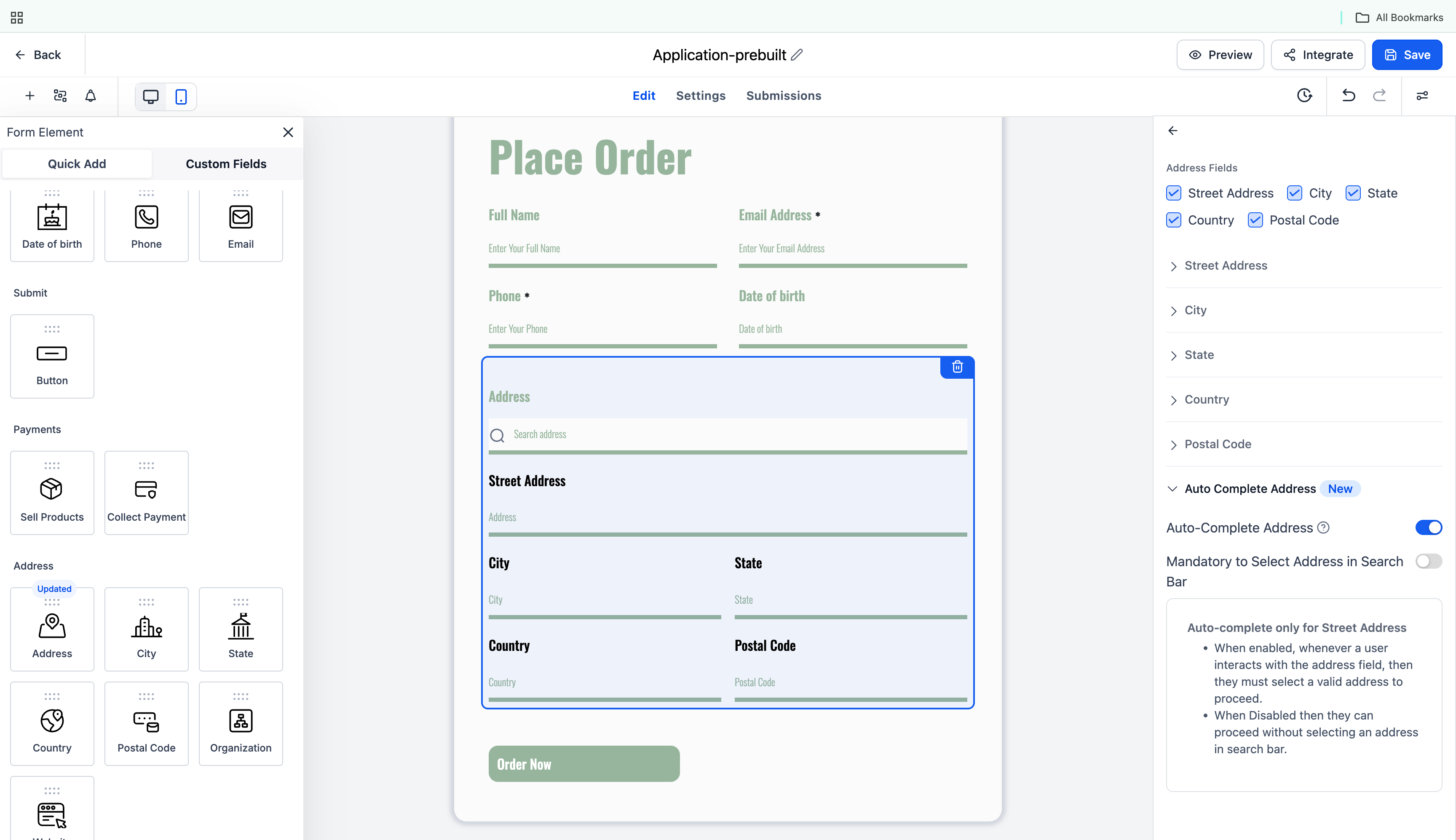 Form editor with new address field settings including auto-complete toggle and structured layout