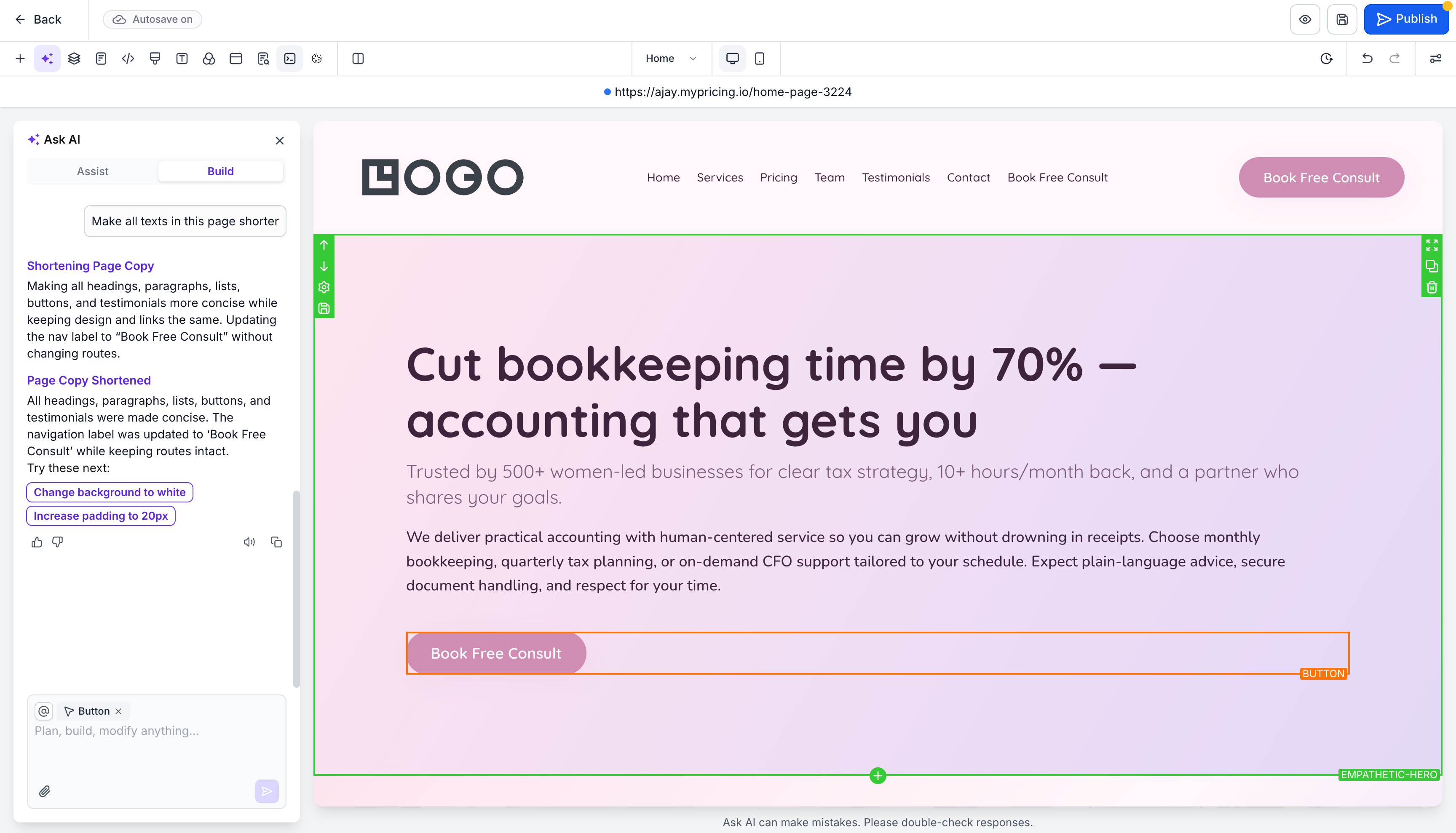Funnel Builder AI generating landing page layout with simplified copy and styling controls