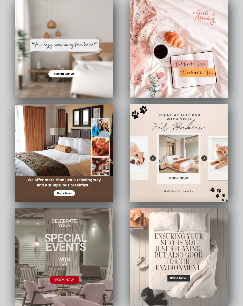Gallery of stylish ad and website templates for hospitality and real estate promotions, available in the HighLevel template library.