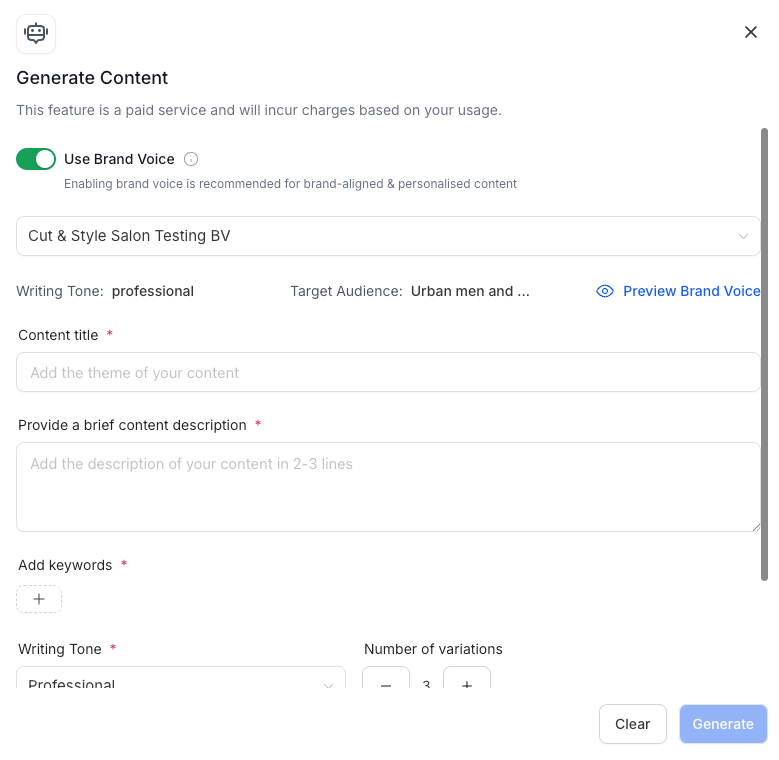 Generate Content form with brand voice enabled, including fields for tone, audience, title, and description