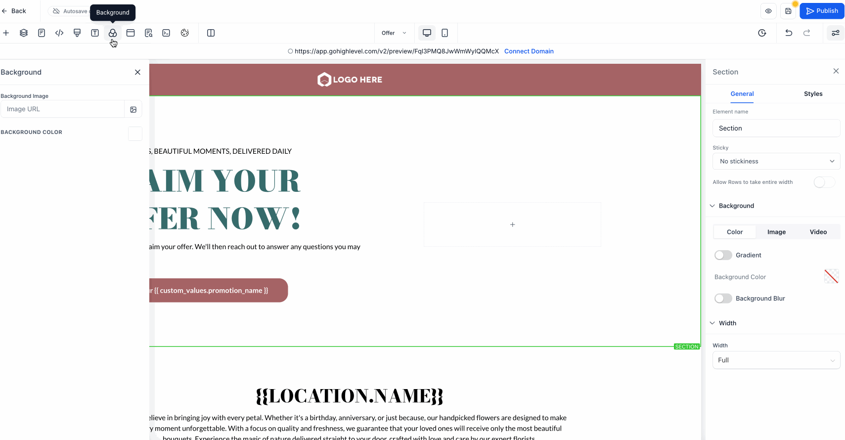 GIF showing HighLevel page builder interface applying background gradients and blur effects to a landing page section.
