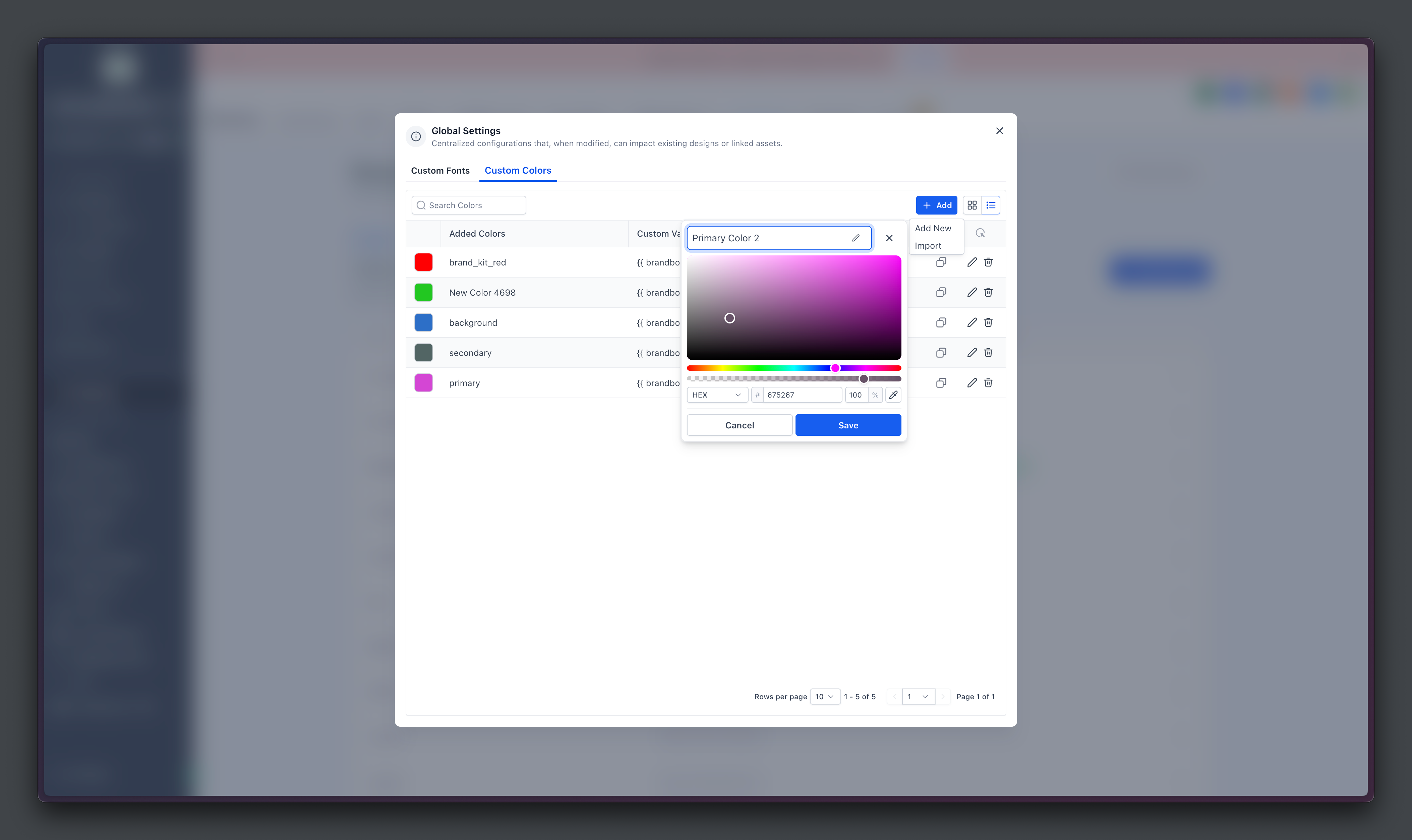 Global Settings panel under 'Custom Colors' tab showing a list of brand colors such as brand_kit_red, background, secondary, and primary. A color editor pop-up is active, allowing adjustment of 'Primary Color 2' using a gradient color picker, HEX input, and Save/Cancel buttons. The interface demonstrates centralized color customization for branding consistency.