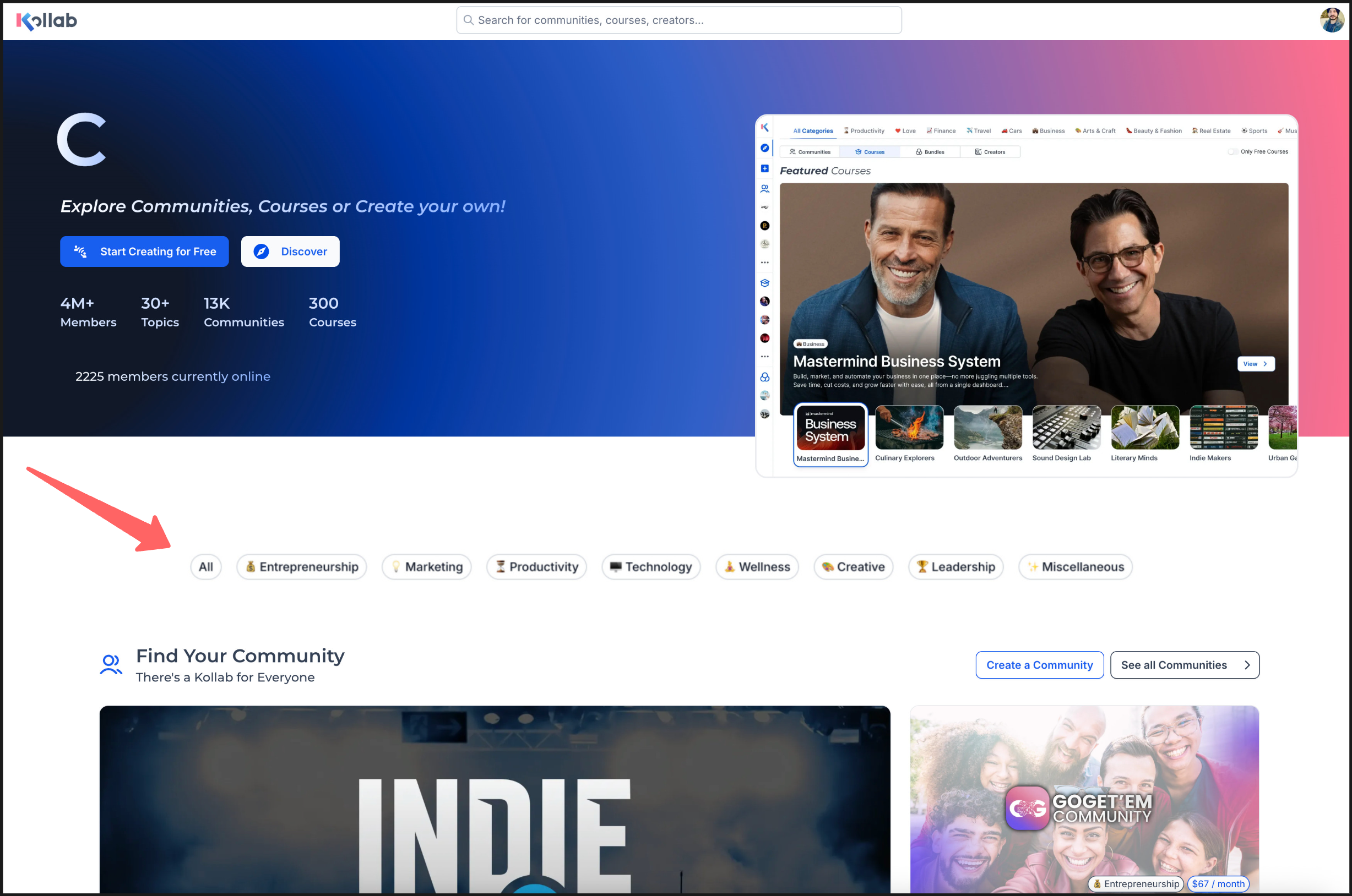 GoKollab platform homepage highlighting community discovery filters like 