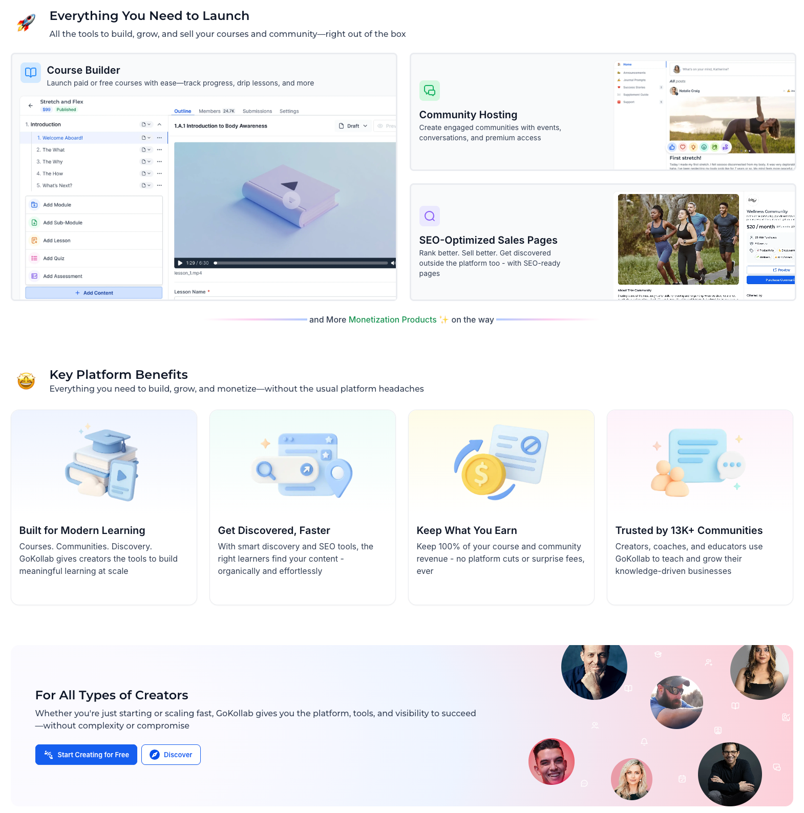 GoKollab platform showcasing community hosting, SEO pages, and discoverability benefits.