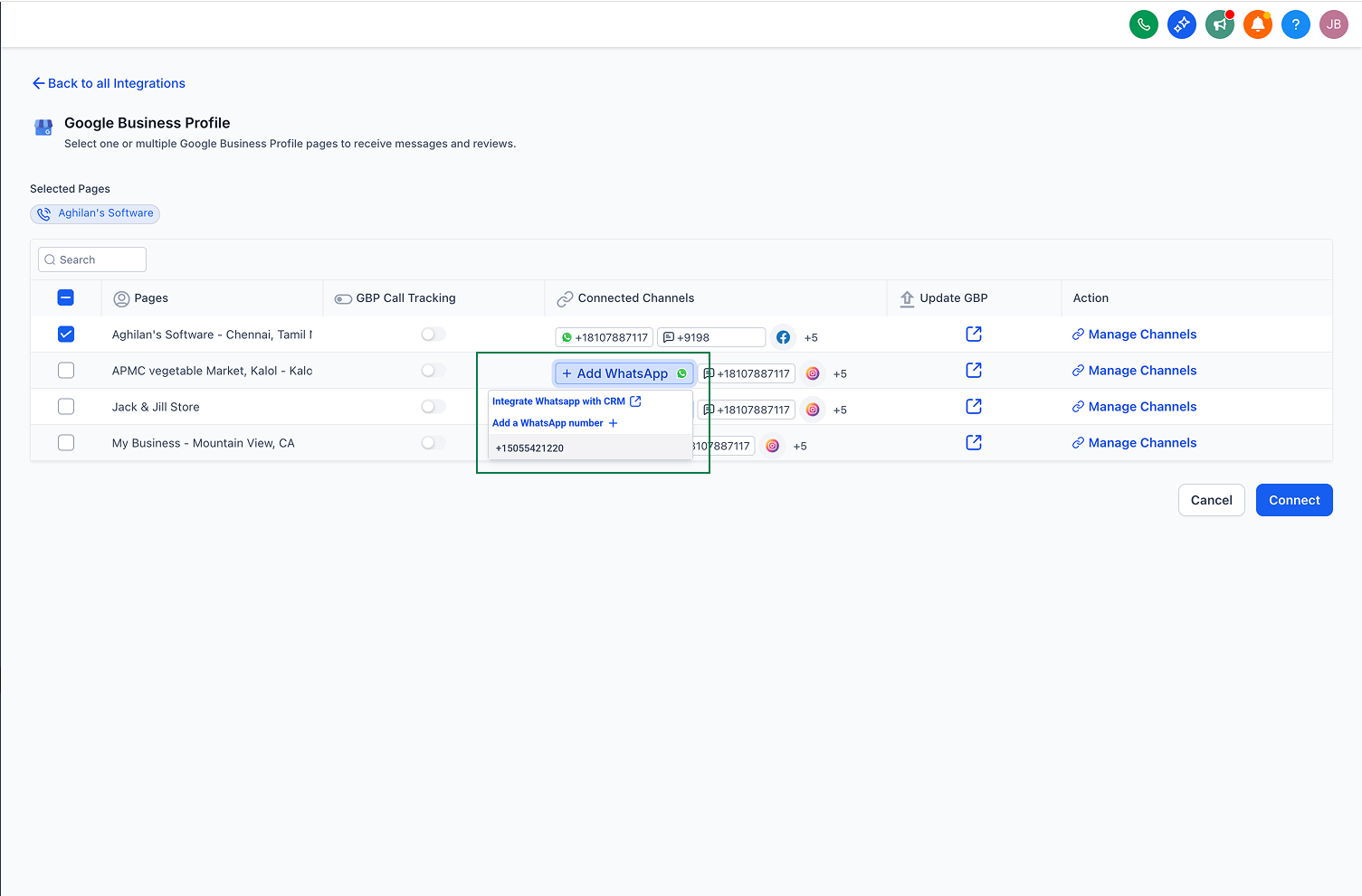 Google Business Profile integration page showing a list of business locations with options to manage connected channels. One entry, 'Aghilan's Software - Chennai,' is selected. A pop-up box highlights a new option to 'Add WhatsApp,' including fields to integrate WhatsApp with CRM and add a WhatsApp number. A blue 'Connect' button appears at the bottom right.
