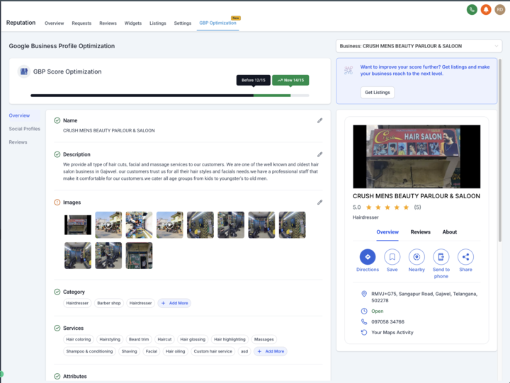 Google Business Profile optimization dashboard in HighLevel showing completeness score, business listing preview, and editable fields for boosting local search visibility.