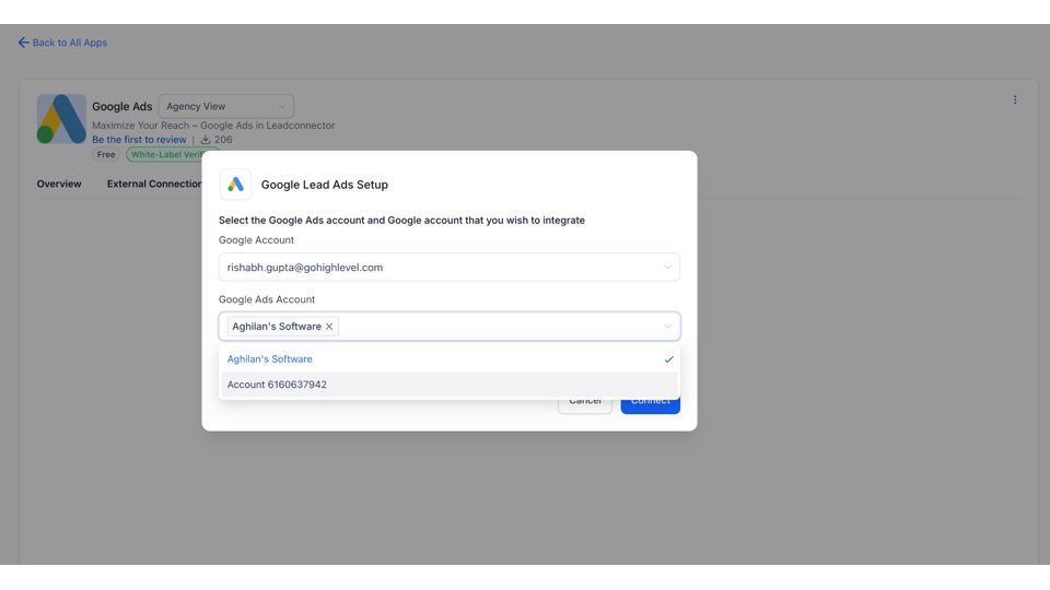 Google Lead Ads integration setup window in HighLevel, allowing selection of a Google account and ads account to connect directly.