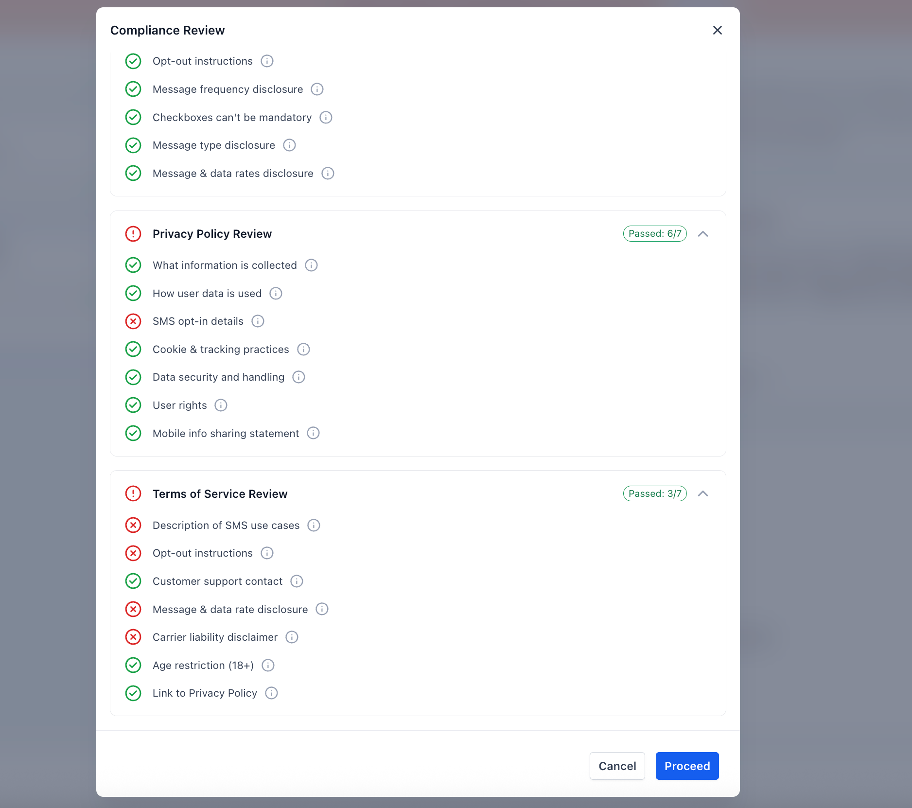 HighLevel A2P compliance review checklist showing opt-out, disclosure, and policy checks