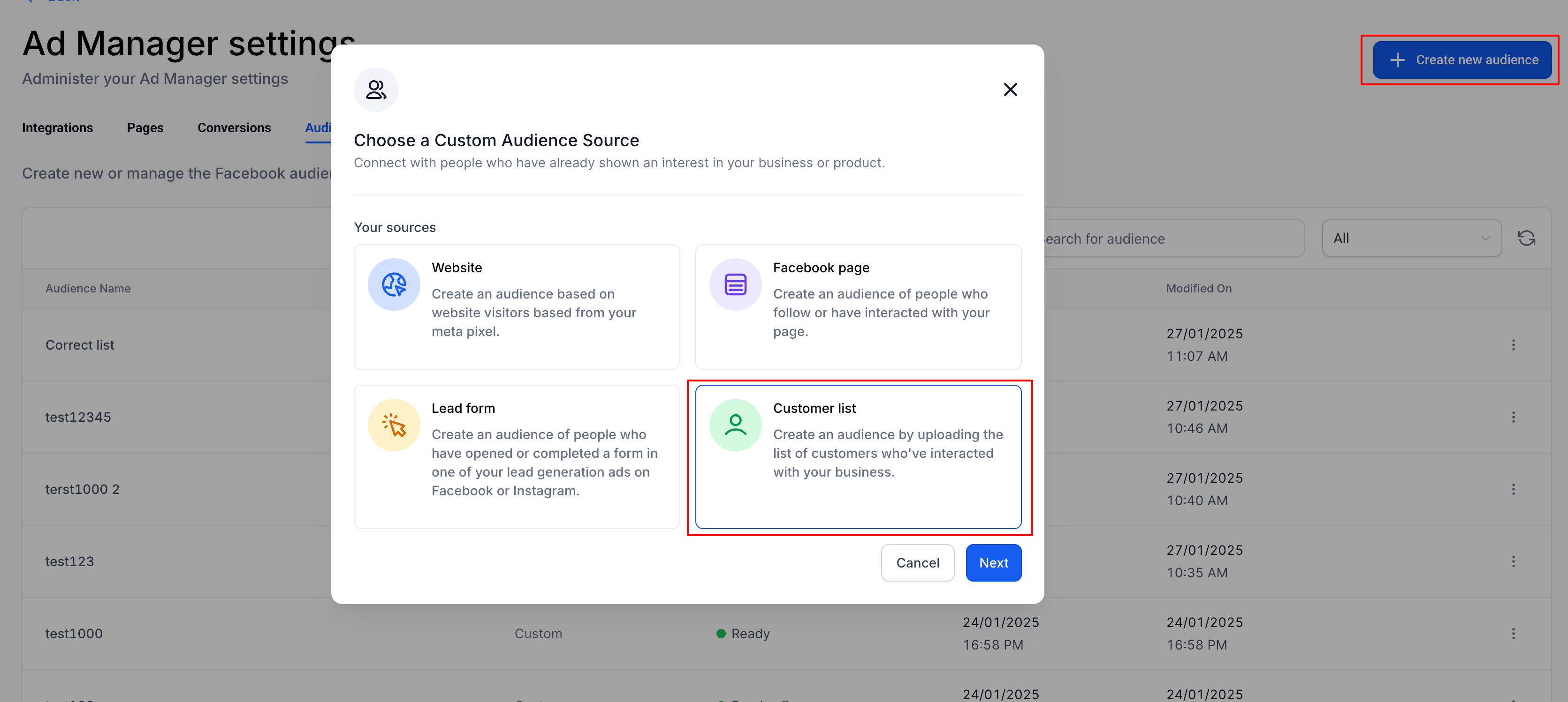 HighLevel Ad Manager audience creation screen showing 